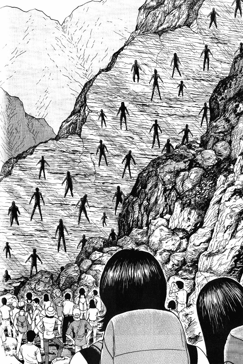 An illustration from "The Enigma of Amigara Fault" depicting a mountain side with human shaped holes in it.