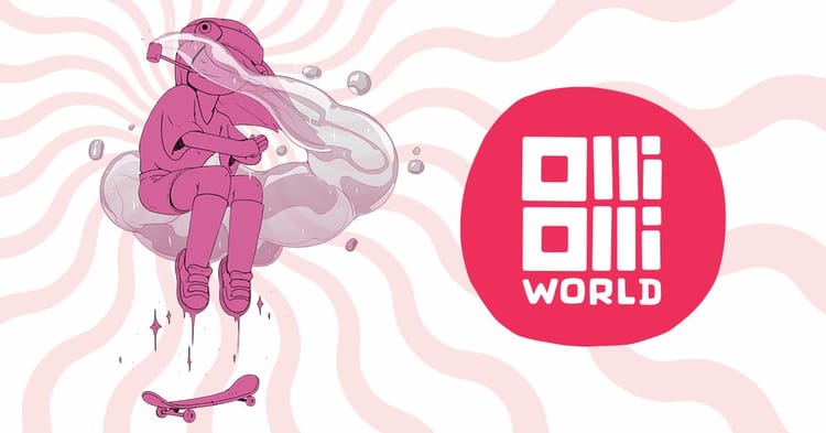 A banner image for OlliOlli World. A pink girl floats above a skateboard in a cloud of smoke.